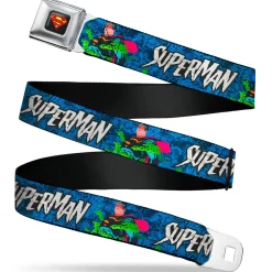 Superman Shield Logo Full Color Black Seatbelt Belt - SUPERMAN Breaking Chains Force for Good Pose and Text Blues Webbing