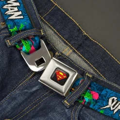 Superman Shield Logo Full Color Black Seatbelt Belt - SUPERMAN Breaking Chains Force for Good Pose and Text Blues Webbing