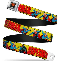 Superman Shield Logo Full Color Black Seatbelt Belt - SUPERMAN Action Poses and Text Yellow/Red Webbing