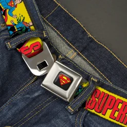 Superman Shield Logo Full Color Black Seatbelt Belt - SUPERMAN Action Poses and Text Yellow/Red Webbing