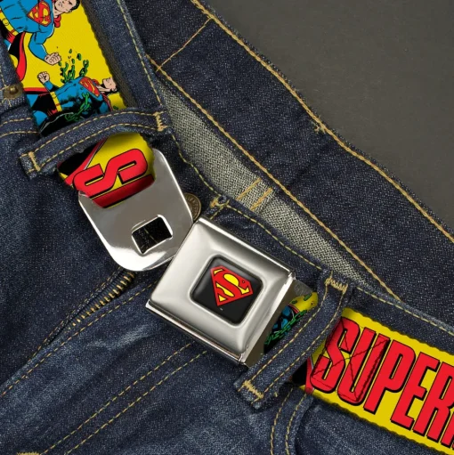 Superman Shield Logo Full Color Black Seatbelt Belt - SUPERMAN Action Poses and Text Yellow/Red Webbing