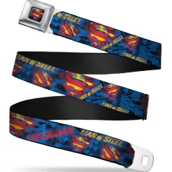 Superman Shield Rays Full Color Black Blue Red Yellow Seatbelt Belt - SUPERMAN MAN OF STEEL Shield Collage/Rays Black/Blues/Reds/Yellows Webbing