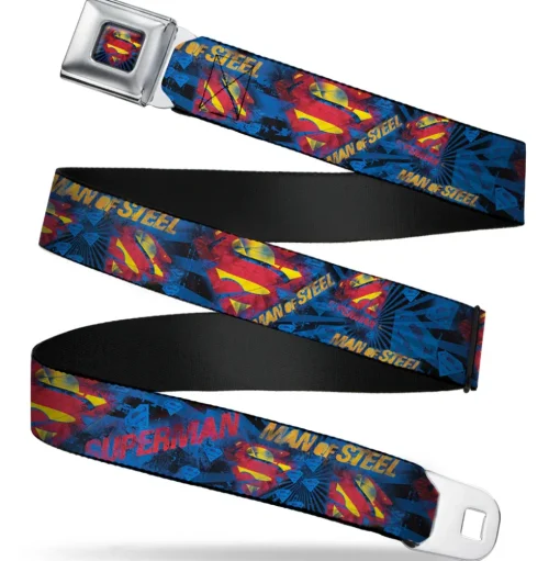 Superman Shield Rays Full Color Black Blue Red Yellow Seatbelt Belt - SUPERMAN MAN OF STEEL Shield Collage/Rays Black/Blues/Reds/Yellows Webbing