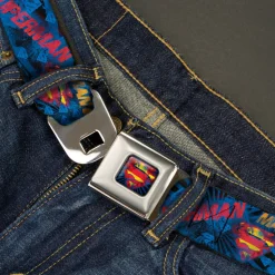 Superman Shield Rays Full Color Black Blue Red Yellow Seatbelt Belt - SUPERMAN MAN OF STEEL Shield Collage/Rays Black/Blues/Reds/Yellows Webbing