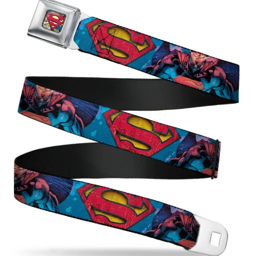 Superman Shield Weathered Full Color Blue Red Yellow Seatbelt Belt - Superman Unchained Under Sea Pose/Shield Blues/Gray/Red/Yellow Webbing