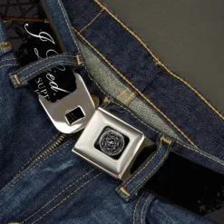 Supernatural Devil's Trap Symbol Full Color Black White Seatbelt Belt - Crowley Pose I LIED- I DO THAT/Pentagram Black/Grays/White Webbing