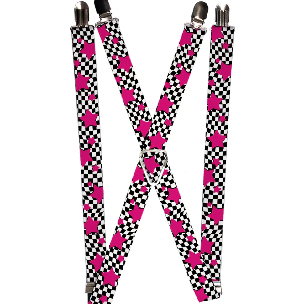 Suspenders - 1.0" - Checker & Stars Black/White/Pink
