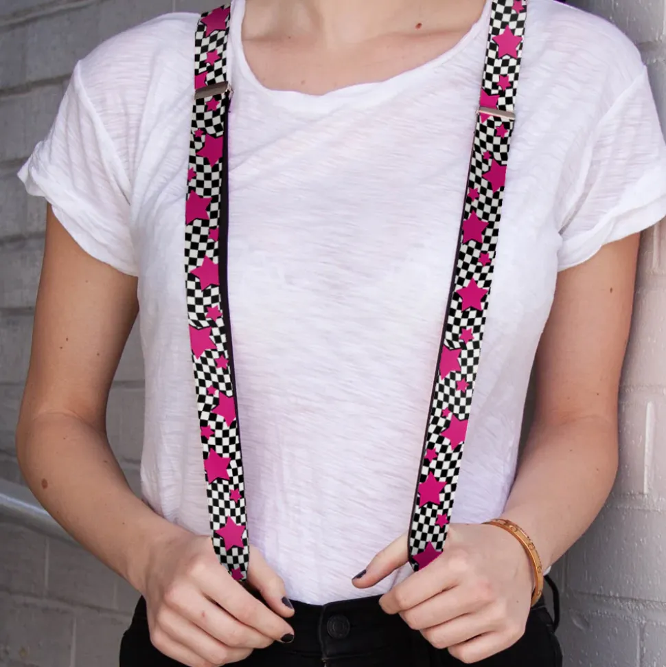 Suspenders - 1.0" - Checker & Stars Black/White/Pink