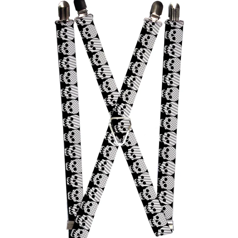 Suspenders - 1.0" - Checker & Stripe Skulls Black/White/Gray