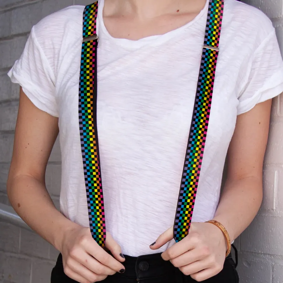 Suspenders - 1.0" - Checker Black/Neon Rainbow
