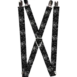 Suspenders - 1.0" - Fleur-de-Lis Outline w/Filigree Black/Gray