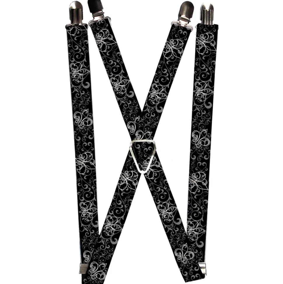 Suspenders - 1.0" - Fleur-de-Lis Outline w/Filigree Black/Gray