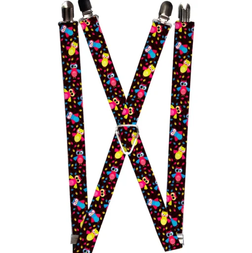 Suspenders - 1.0" - Flying Owls w/Leaves Black/Multi Color