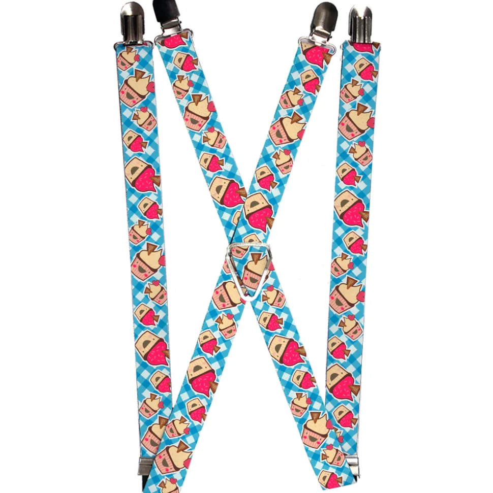 Suspenders - 1.0" - Happy Cupcakes Buffalo Plaid White/Blue