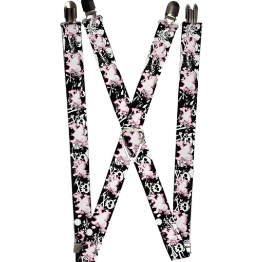 Suspenders - 1.0" - Heart & Cross Bones w/Skulls & Splatter Black/White