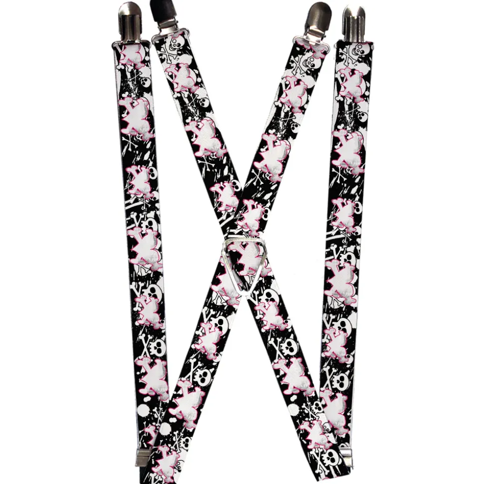 Suspenders - 1.0" - Heart & Cross Bones w/Skulls & Splatter Black/White