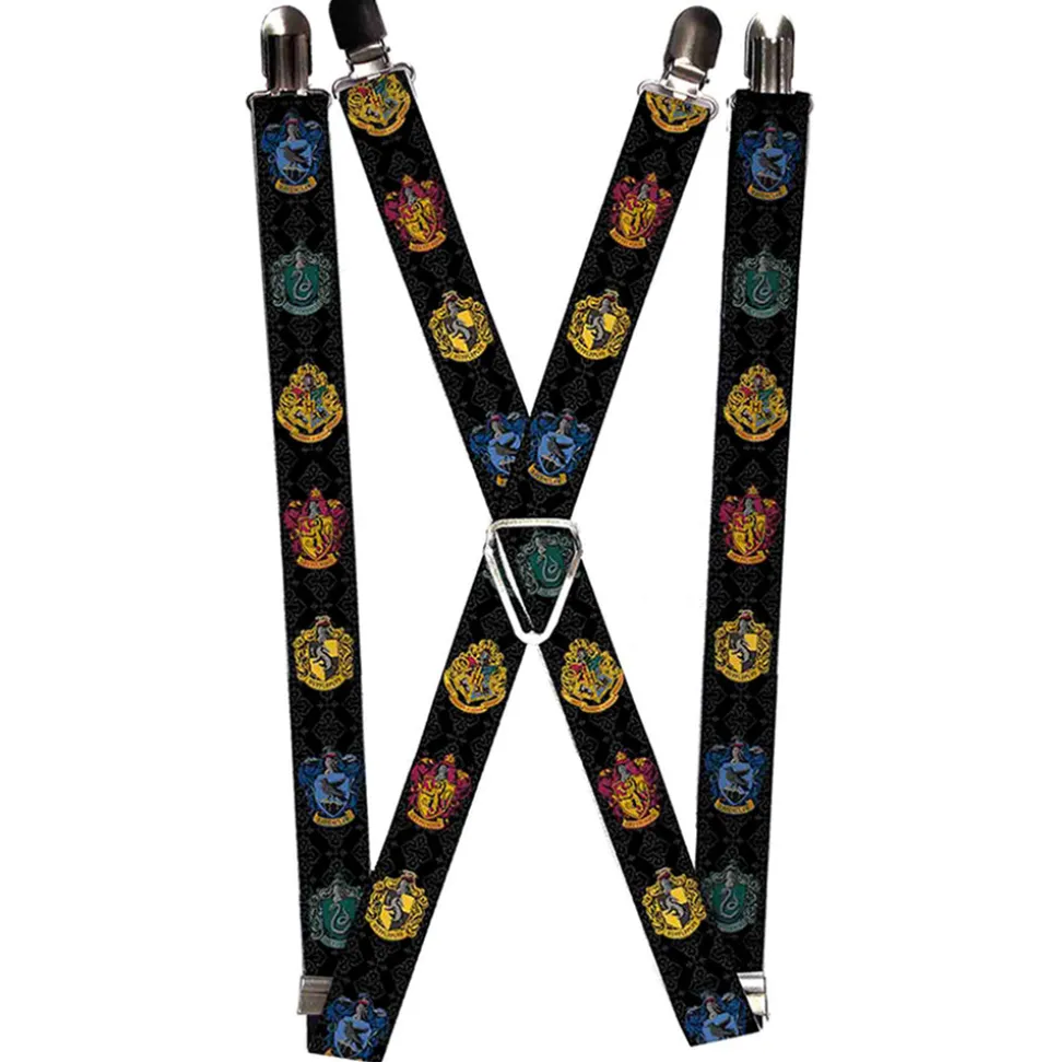 Suspenders - 1.0" - Hogwarts & 4-House Crests Filigree Black Gray