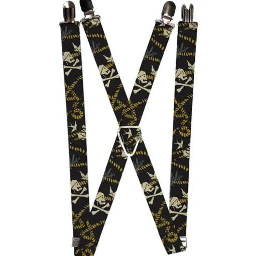 Suspenders - 1.0" - Jack Sparrow's Flag Icons Skull & Crossed Swords Rope Black Tan Cream Gray