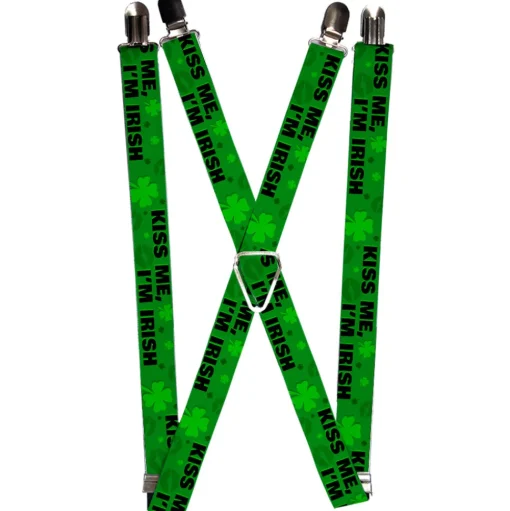 Suspenders - 1.0" - KISS ME, I'M IRISH! Clovers/Kisses Greens/Black