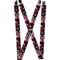 Suspenders - 1.0" - Love Me w/Sketch Stars & Checkers Black/Fuchsia/White