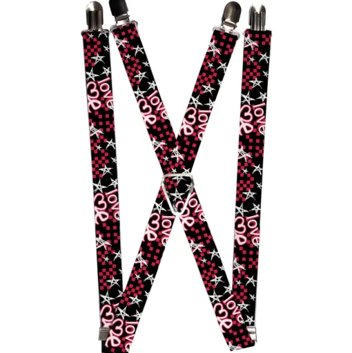 Suspenders - 1.0" - Love Me w/Sketch Stars & Checkers Black/Fuchsia/White