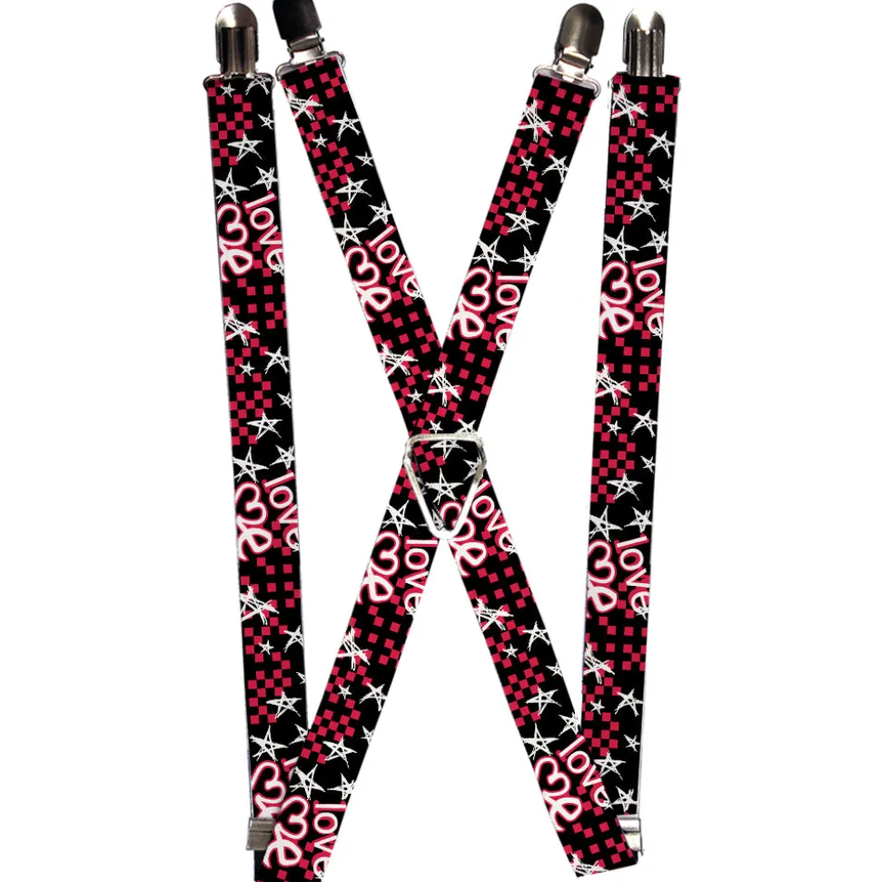 Suspenders - 1.0" - Love Me w/Sketch Stars & Checkers Black/Fuchsia/White