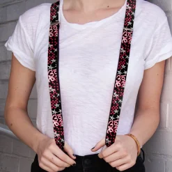 Suspenders - 1.0" - Love Me w/Sketch Stars & Checkers Black/Fuchsia/White