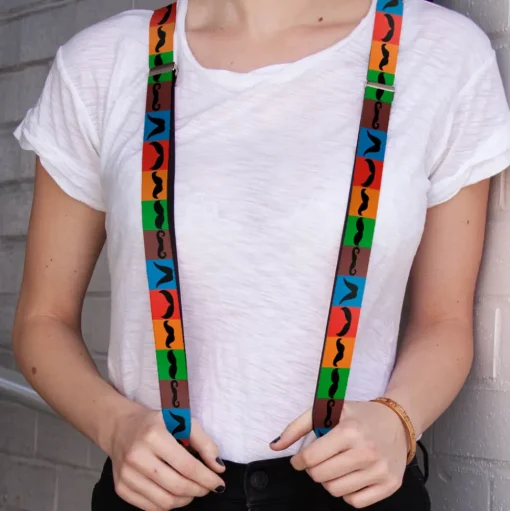 Suspenders - 1.0" - Mustaches Multi Color Blocks/Black