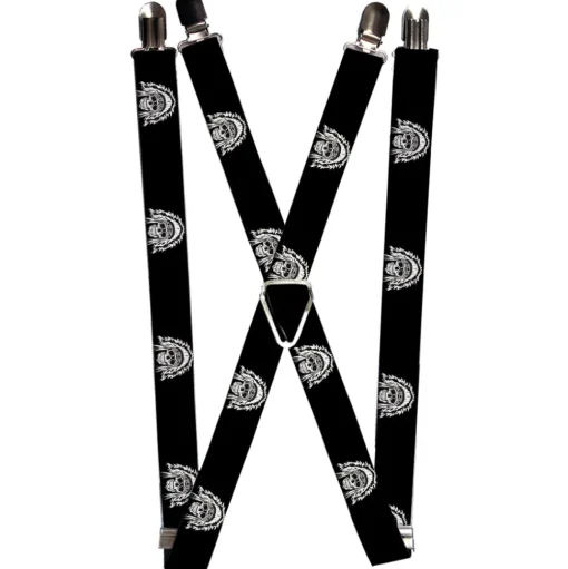 Suspenders - 1.0" - Native American Skull Black/White