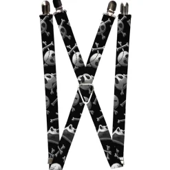 Suspenders - 1.0" - Nightmare Before Christmas Jack Skull & Crossbones Scattered Black Grays