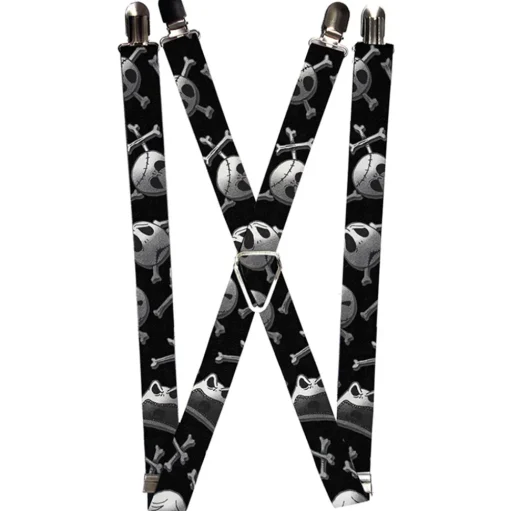 Suspenders - 1.0" - Nightmare Before Christmas Jack Skull & Crossbones Scattered Black Grays