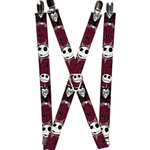 Suspenders - 1.0" - Nightmare Before Christmas Jack Face Corpse Pose Bats Reds Black White Grays
