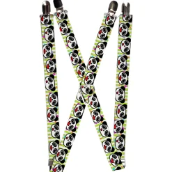 Suspenders - 1.0" - Panda Bear Cartoon Bamboo White/Greens/Multi Color
