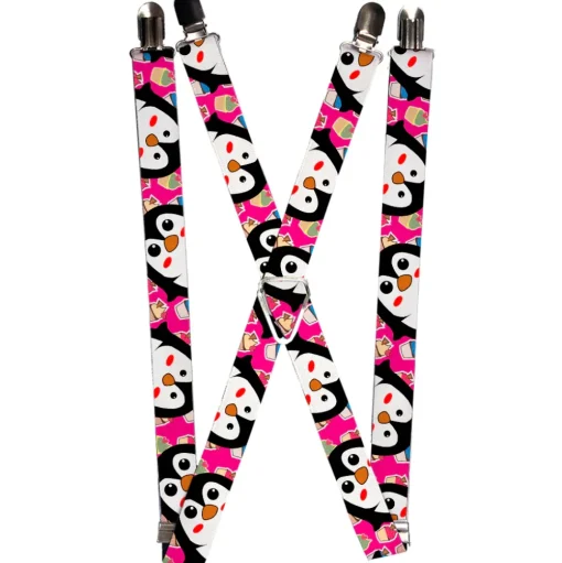 Suspenders - 1.0" - Penguins w/Cupcakes Fuchsia/Multi Color