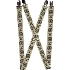 Suspenders - 1.0" - Pirates Dead Men Tell No Tales Skull Icon Compass Cream Black Red