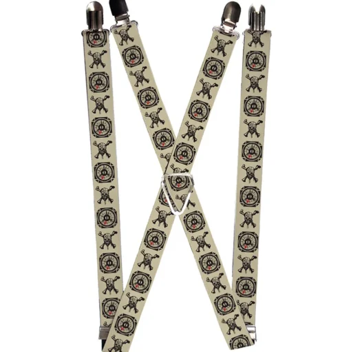 Suspenders - 1.0" - Pirates Dead Men Tell No Tales Skull Icon Compass Cream Black Red