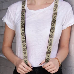 Suspenders - 1.0" - Pirates Dead Men Tell No Tales Skull Icon Compass Cream Black Red