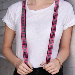 Suspenders - 1.0" - Plaid Black/Gray/Fuchsia