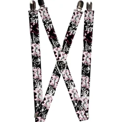 Suspenders - 1.0" - Punk Princess Heart & Cross Bones w/Skulls & Splatter Black/White