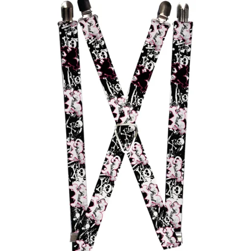 Suspenders - 1.0" - Punk Princess Heart & Cross Bones w/Skulls & Splatter Black/White