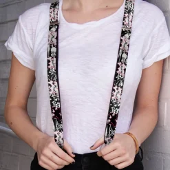 Suspenders - 1.0" - Punk Princess Heart & Cross Bones w/Skulls & Splatter Black/White