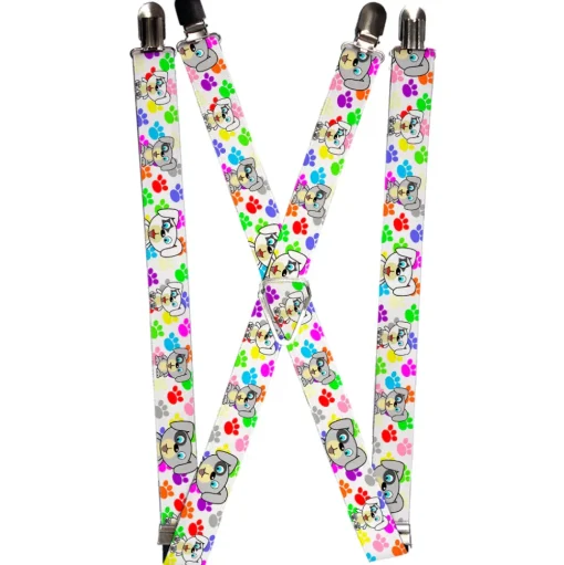 Suspenders - 1.0" - Puppies w/Paw Prints White/Multi Color