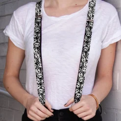 Suspenders - 1.0" - Scattered Panda Bear Cartoon2 Black/White