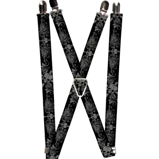 Suspenders - 1.0" - Skull & Dagger w/Filigree Black/Gray