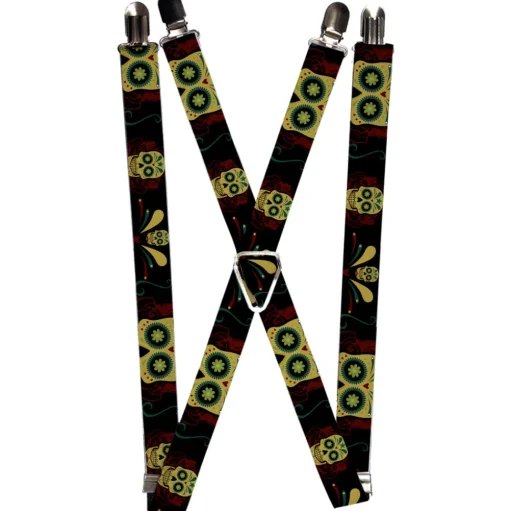 Suspenders - 1.0" - Sugar Skulls Black/Olive/Burgundy