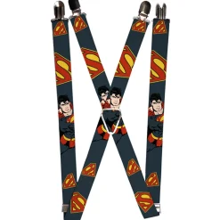 Suspenders - 1.0" - Superman Action Pose Scattered Shield Navy Gold Red