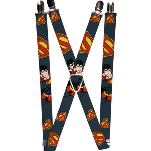 Suspenders - 1.0" - Superman Action Pose Scattered Shield Navy Gold Red