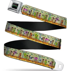 TEENAGE MUTANT NINJA TURTLES Logo Full Color Black Seatbelt Belt - Teenage Mutant Ninja Turtles Battle Foot Soldiers Ninjas Arcade Scene Tan Webbing