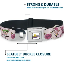 THE FAIRLY ODDPARENTS Logo Full Color White Seatbelt Buckle Collar - The Fairly OddParents Cosmo and Wanda Wish Poses Pink