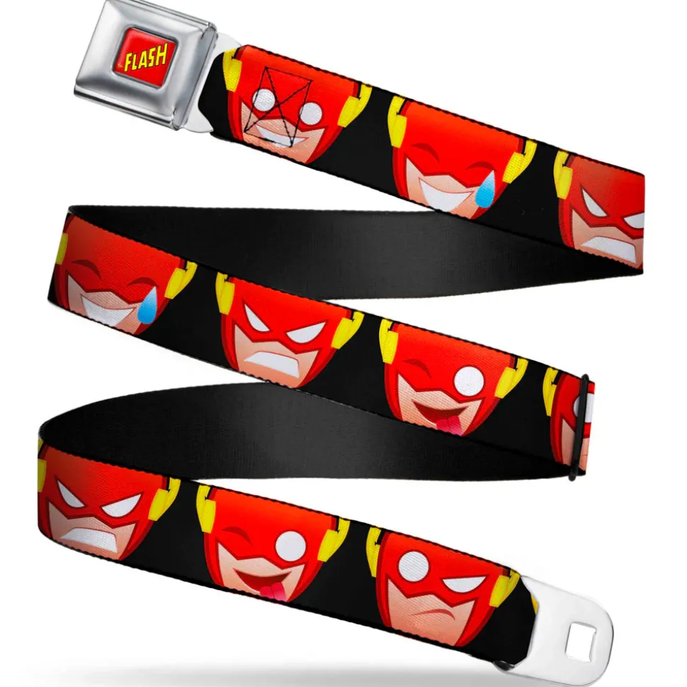 THE FLASH Full Color Red/Black/Yellow Seatbelt Belt - The Flash 5-Emoji Expressions Black Webbing